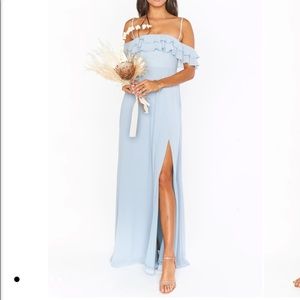 Show me your MUMU Emma Ruffle Maxi Dress in Steel Blue Chiffon